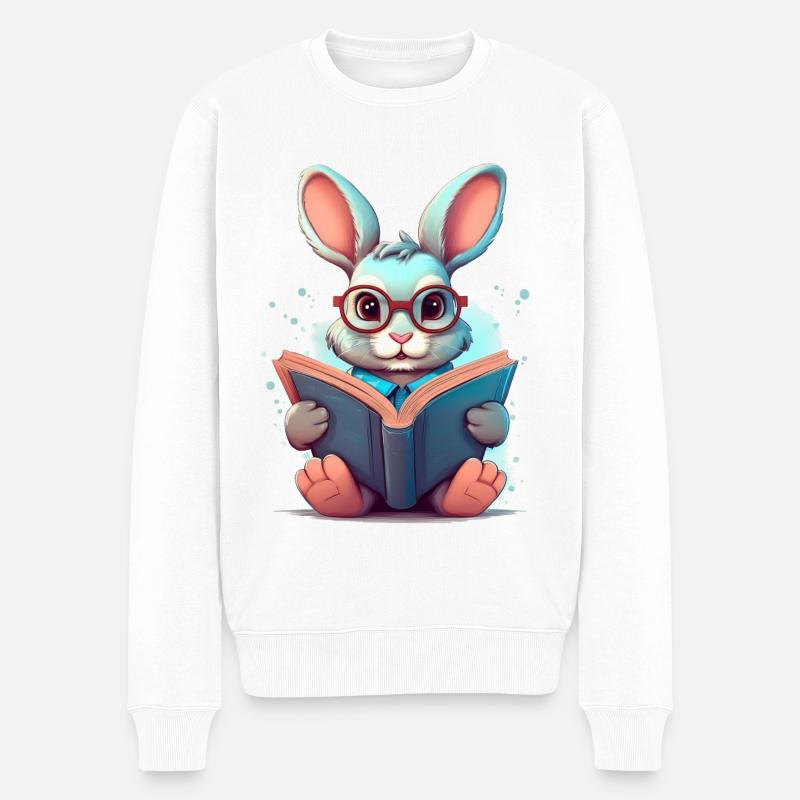 Ein Hase mit Brille liest ein Buch – Schulanfang - Männer Premium Bio Pullover - Weiß