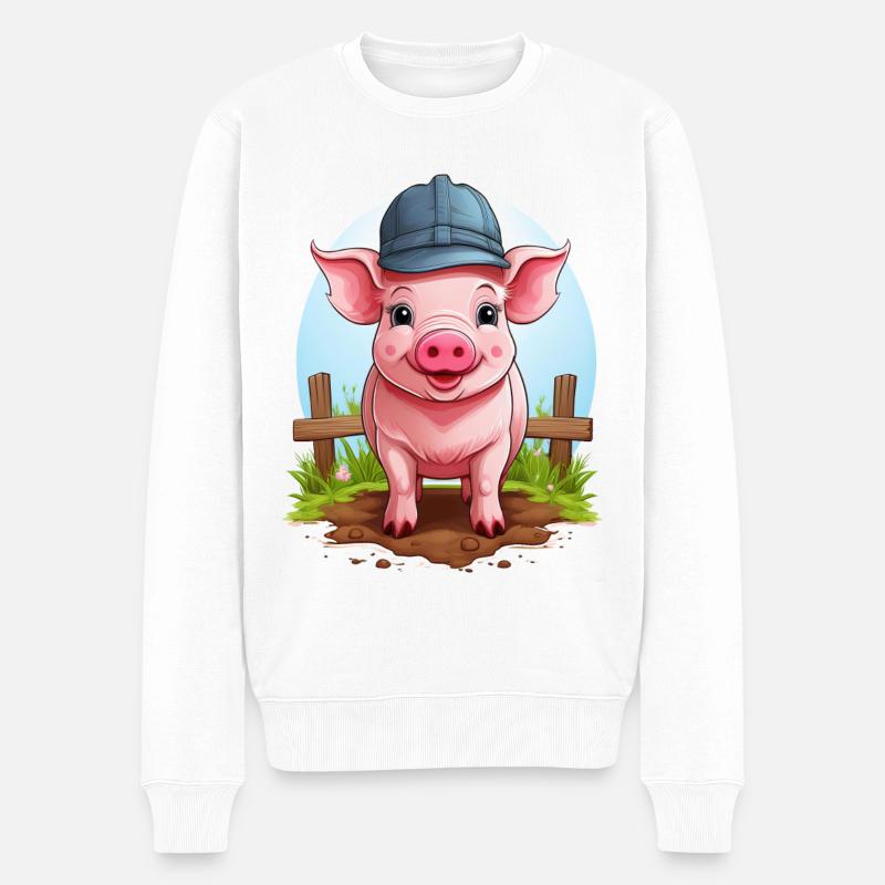 Un cochon mignon avec un chapeau dans la boue - Pull Premium bio Homme - blanc