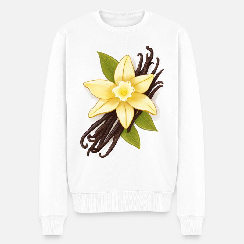 Vanille – Fleur de vanille et gousses de vanille - Pull Premium bio Homme - blanc