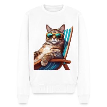Cat with sunglasses on deck chair on beach - Men's Premium Organic Jumper - white - Front - Thijin (182cm)