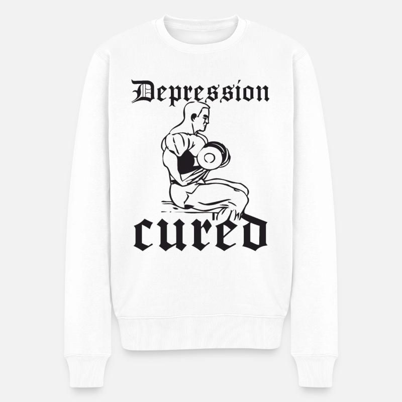 Depression Cured - Lustiger Fitness Spruch - Männer Premium Bio Pullover - Weiß