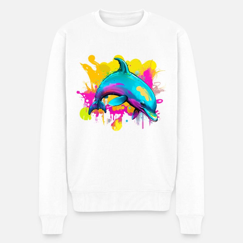 Bunter Delfin - Männer Premium Bio Pullover - Weiß