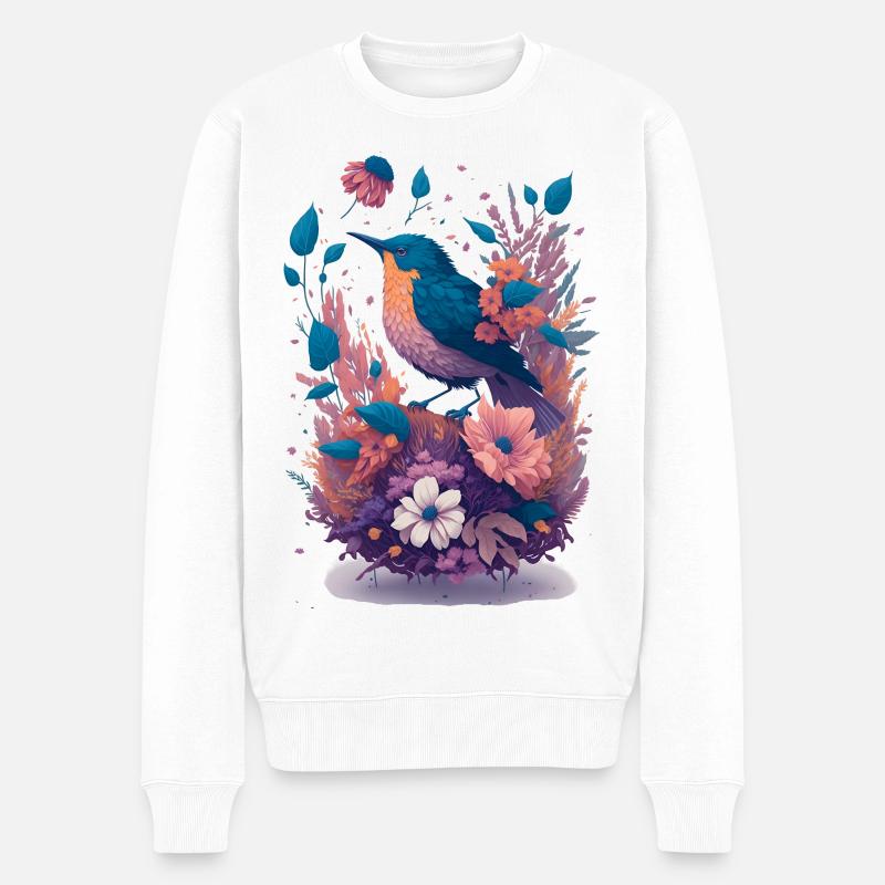 Vogel im Blumenbouquet - Männer Premium Bio Pullover - Weiß