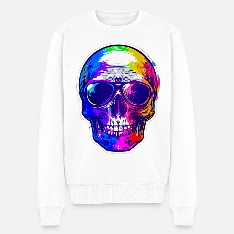 Regenbogen Totenkopf mit Sonnenbrille - Männer Premium Bio Pullover - Weiß