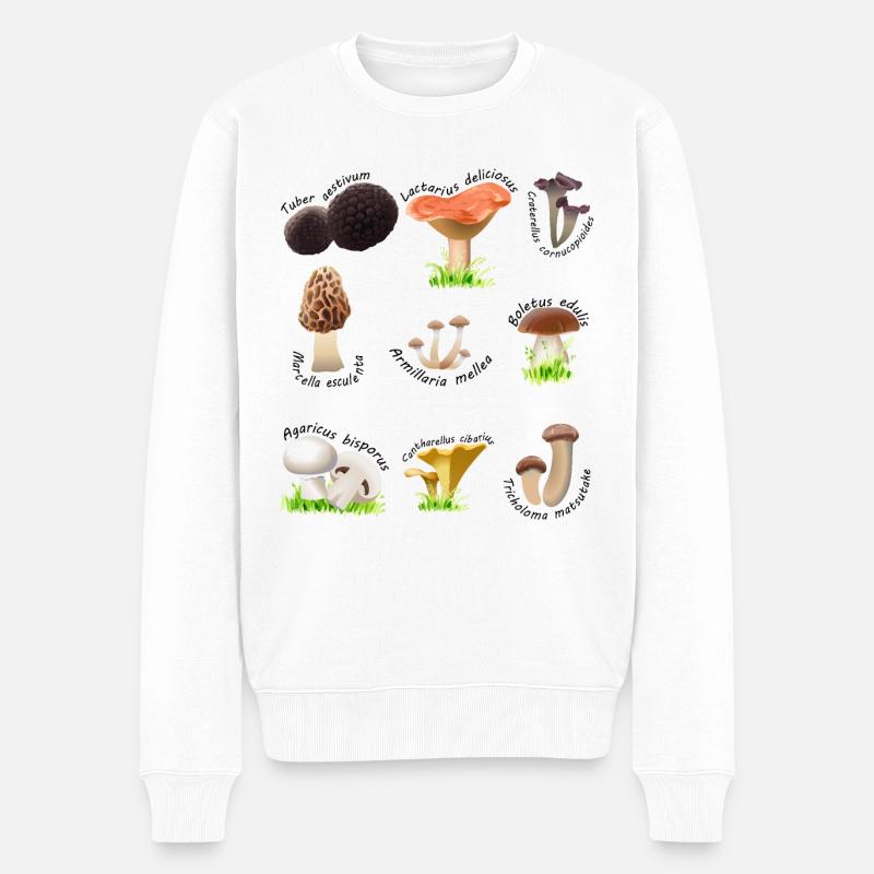Verschiedene essbare Pilze mit lateinischen Namen - Männer Premium Bio Pullover - Weiß
