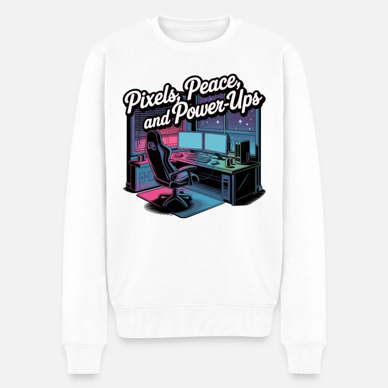 Pixels, Peace & Power-Ups – Gaming-Setup - Männer Premium Bio Pullover - Weiß