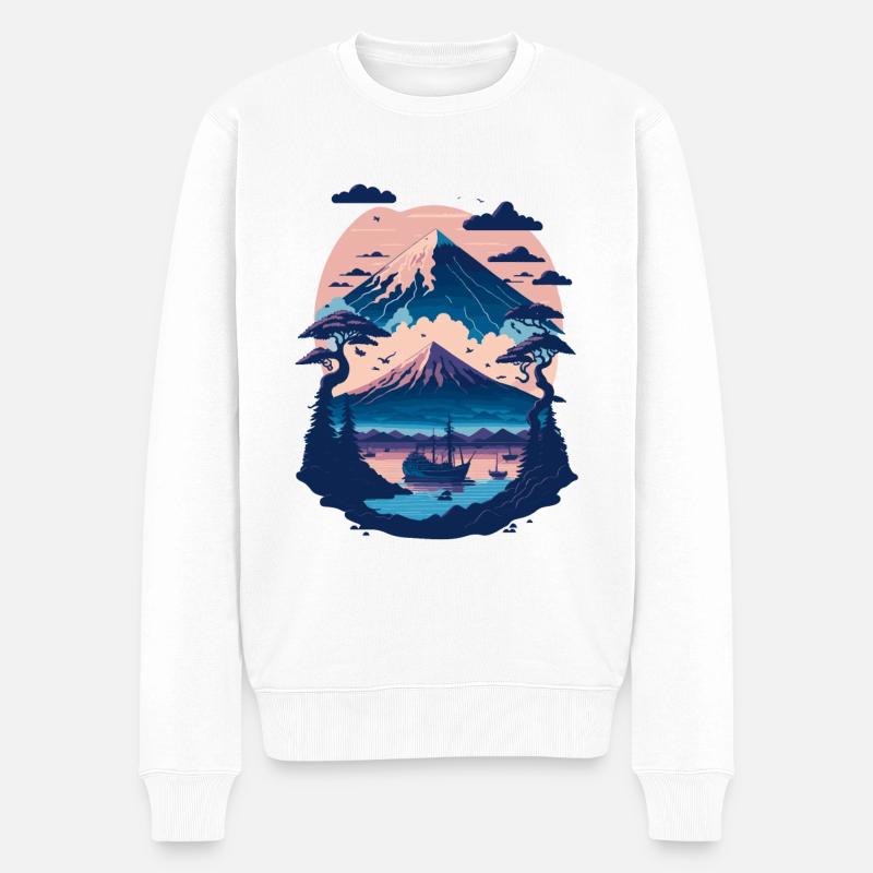 Serene Mount Fuji Sunset Peaceful River Scenery - Männer Premium Bio Pullover - Weiß