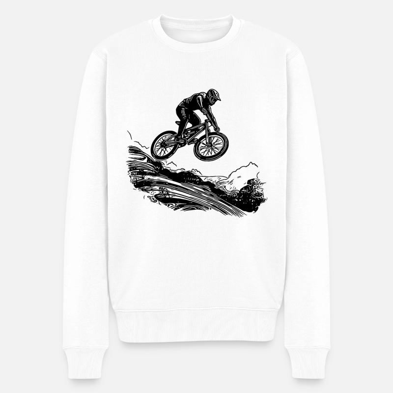 Mountainbiker mit Fahrrad den Berg hinab - Männer Premium Bio Pullover - Weiß