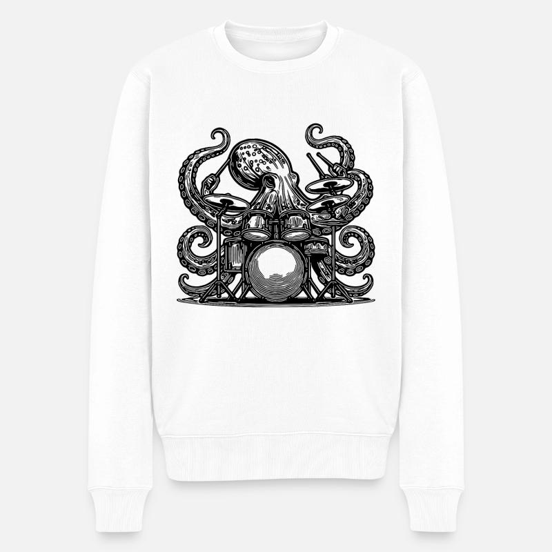 Cooler Oktopus am Schlagzeug - Männer Premium Bio Pullover - Weiß