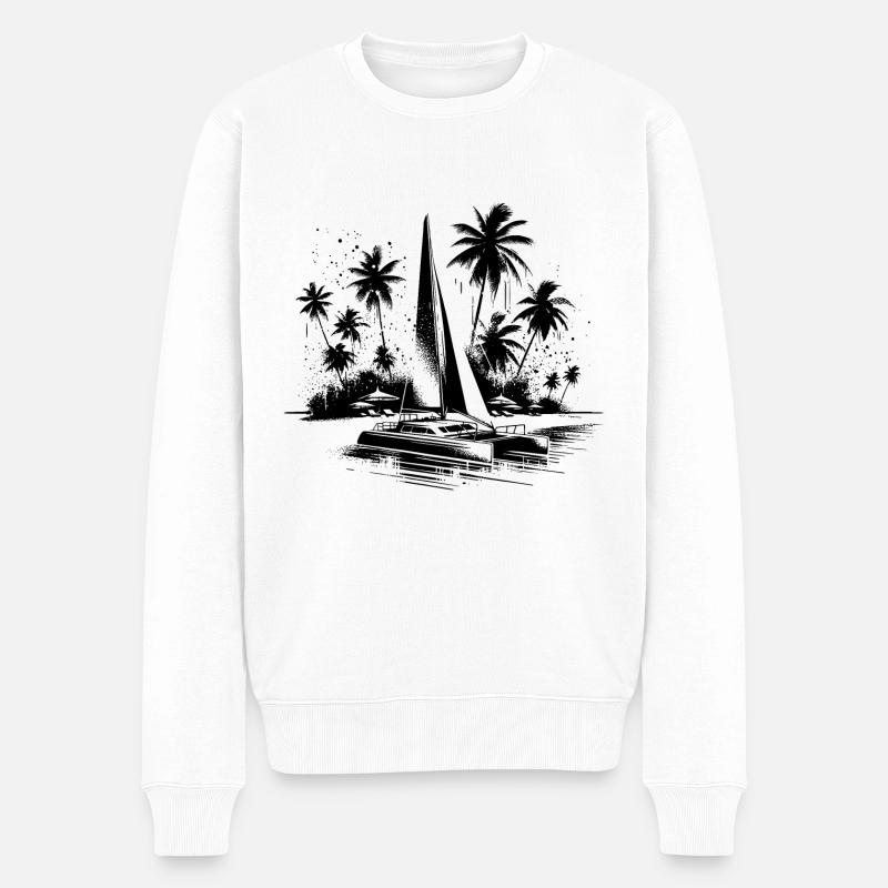 Katamaran Segelboot mit Palmen - Männer Premium Bio Pullover - Weiß