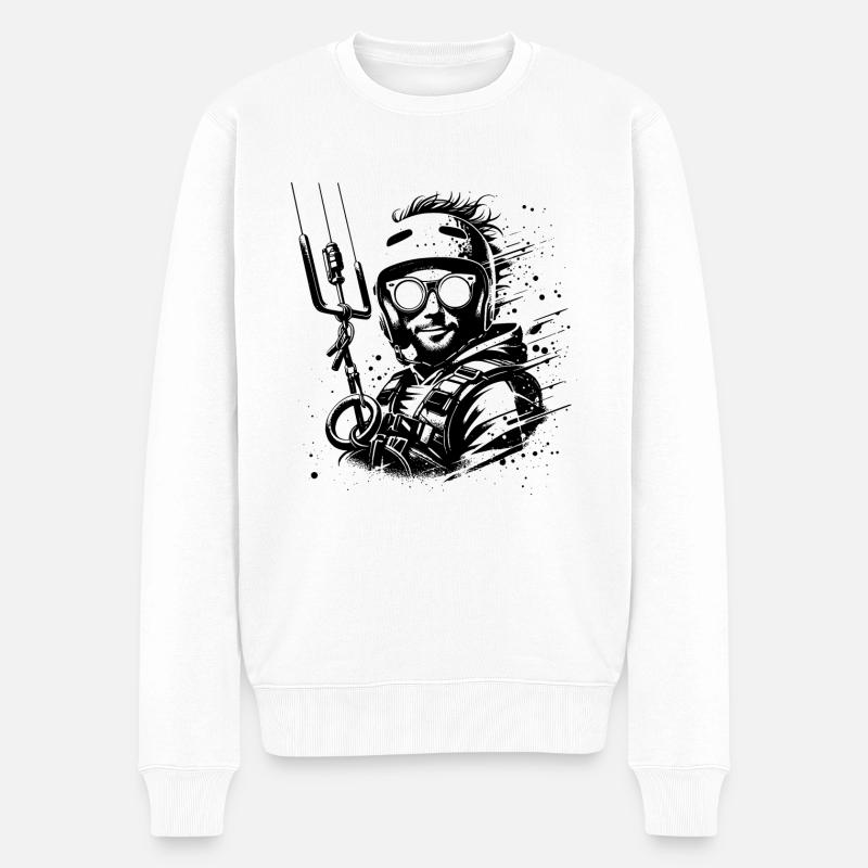 Cooler Kite Surfer Mann Wind Surfen am Himmel - Männer Premium Bio Pullover - Weiß
