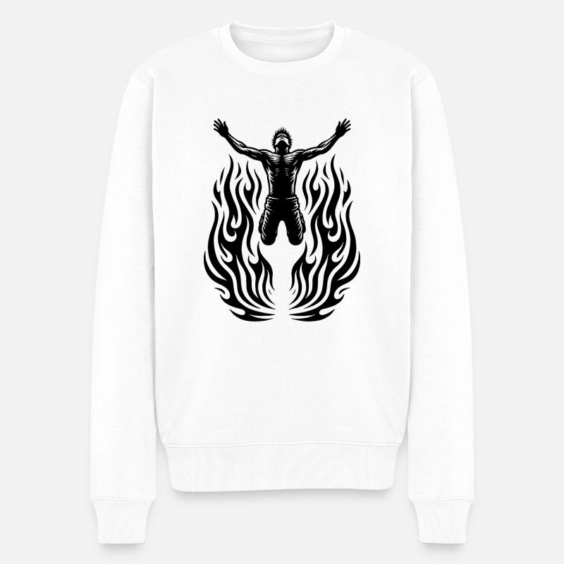 Springender Mann in Flammen - Männer Premium Bio Pullover - Weiß