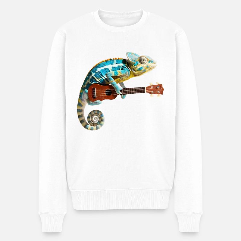 Chamäleon mit Ukulele - Männer Premium Bio Pullover - Weiß