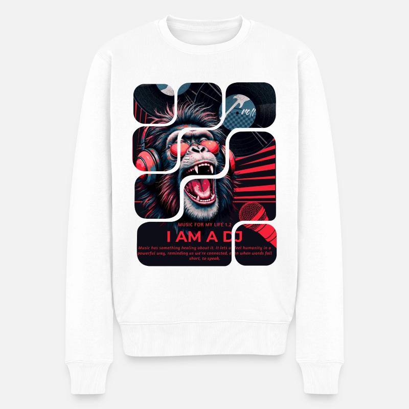 Singe DJ avec casque design néon - Pull Premium bio Homme - blanc