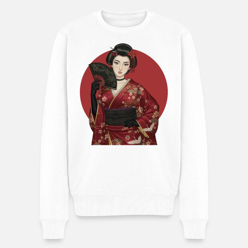 Geisha en kimono rouge avec éventail - Pull Premium bio Homme - blanc