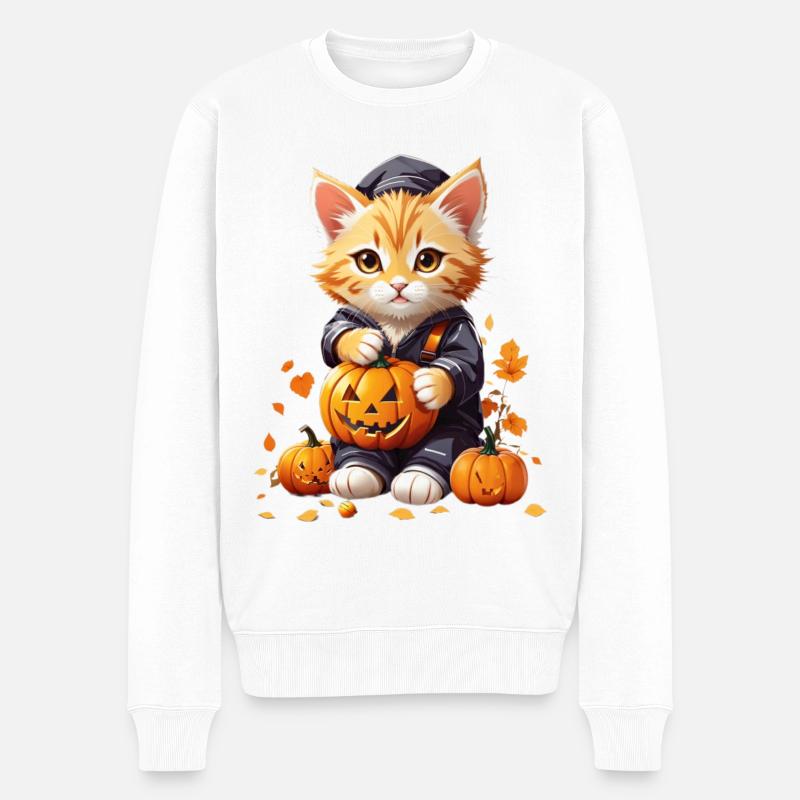 Chat mignon avec citrouille - Pull Premium bio Homme - blanc