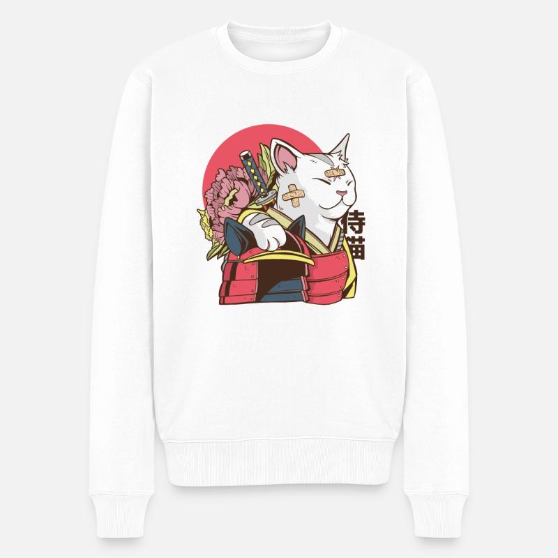 Samurai Katze - Vaporwave Katze - Männer Premium Bio Pullover - Weiß