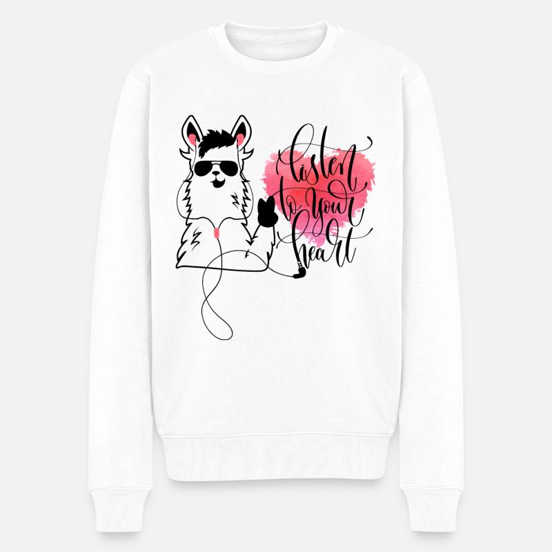 Lama Kopfhörer Herz - Männer Premium Bio Pullover - Weiß