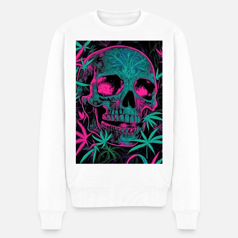 Neon-Skull mit Cannabisblatt-Pattern - Männer Premium Bio Pullover - Weiß