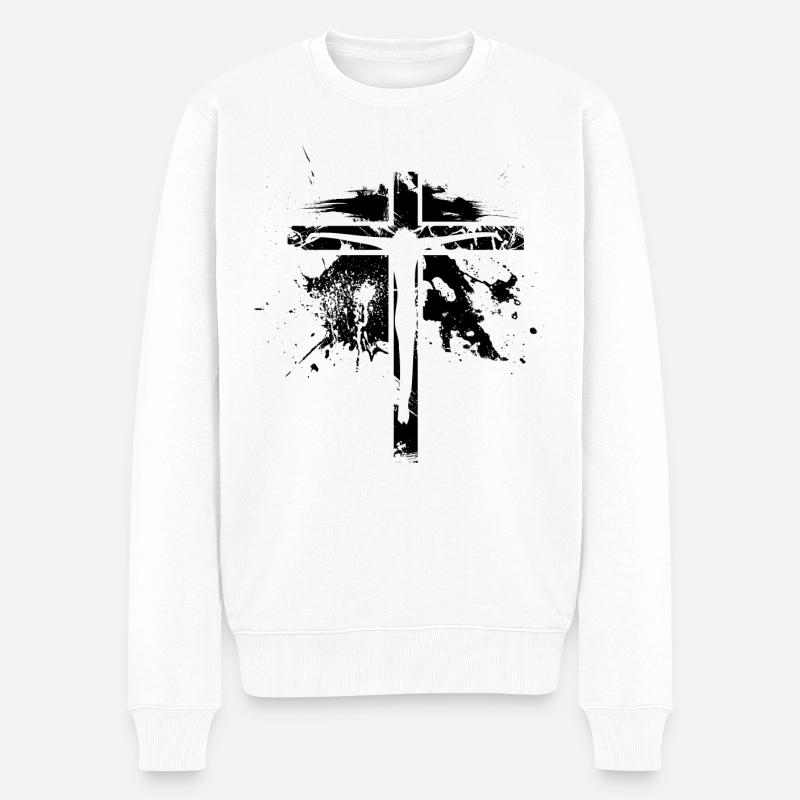 Jesus Kreuz - Christ - Männer Premium Bio Pullover - Weiß