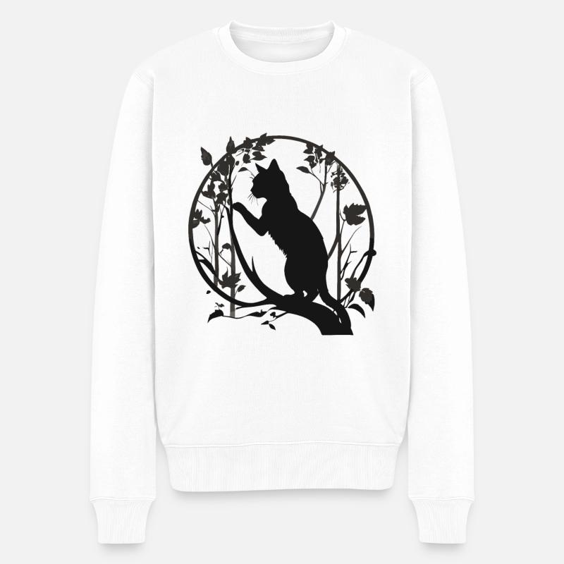 Katze Silhouette aufm Ast - Männer Premium Bio Pullover - Weiß