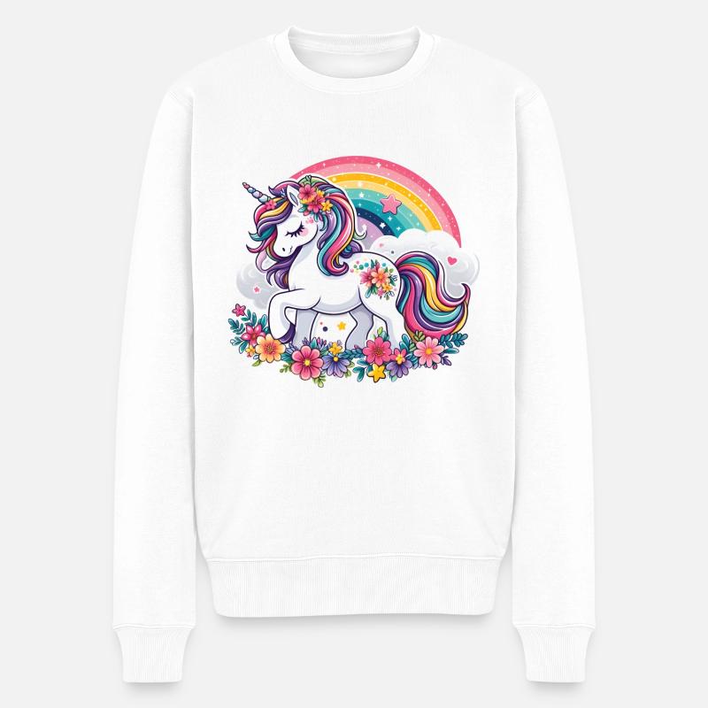 Einhorn mit blumen und Regenbogen - Männer Premium Bio Pullover - Weiß
