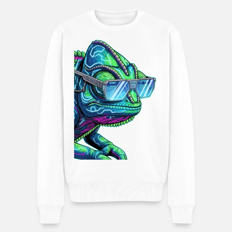 Cyber-Chamäleon mit Sonnenbrille - Männer Premium Bio Pullover - Weiß