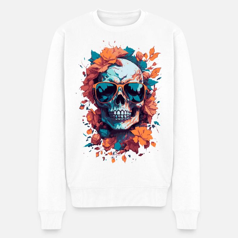 Crâne tropical avec lunettes et feuilles - Pull Premium bio Homme - blanc