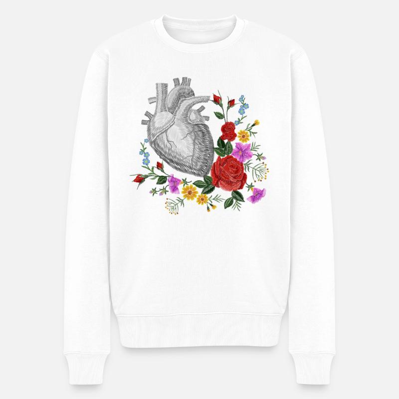 Anatomisches Herz und Blumen - Männer Premium Bio Pullover - Weiß