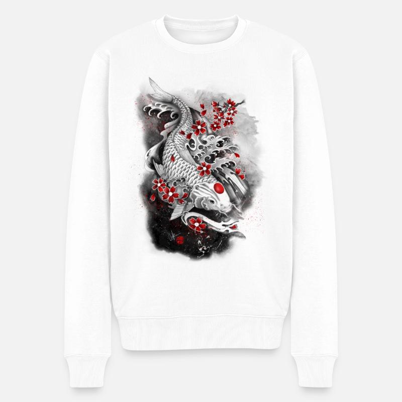 Carpe koi blanche Kohaku entourée de Sakura - Pull Premium bio Homme - blanc