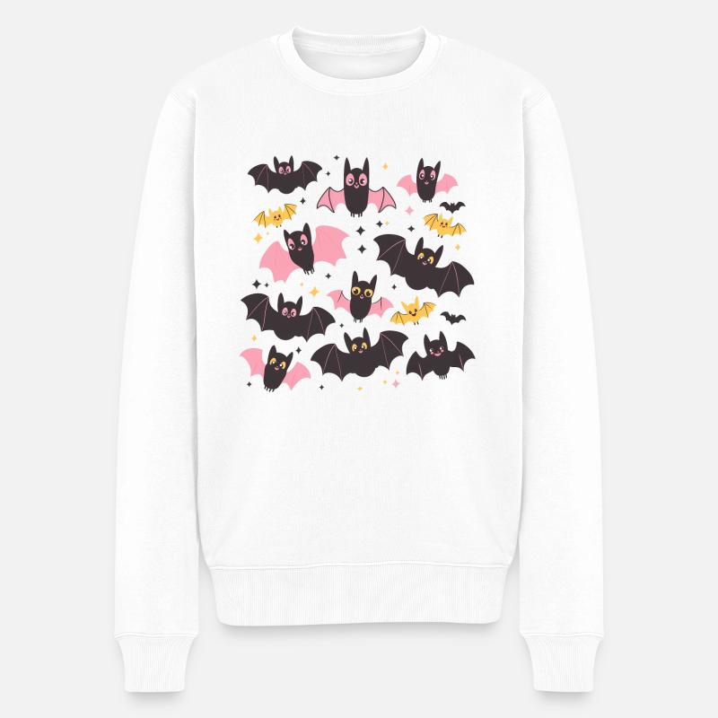 Cute Bats Pink and Yellow Halloween Illustration - Männer Premium Bio Pullover - Weiß