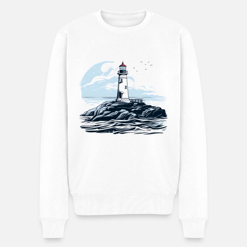 Leuchtturm auf Felsen im Meer - Männer Premium Bio Pullover - Weiß