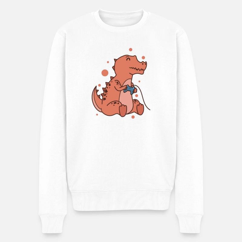 kleiner T-Rex Dino mit Controller Reptil - Männer Premium Bio Pullover - Weiß