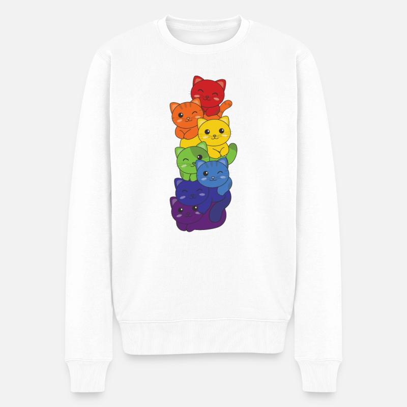 Rainbow Flag Pride LGBTQ Mignon Cat Stack - Pull Premium bio Homme - blanc