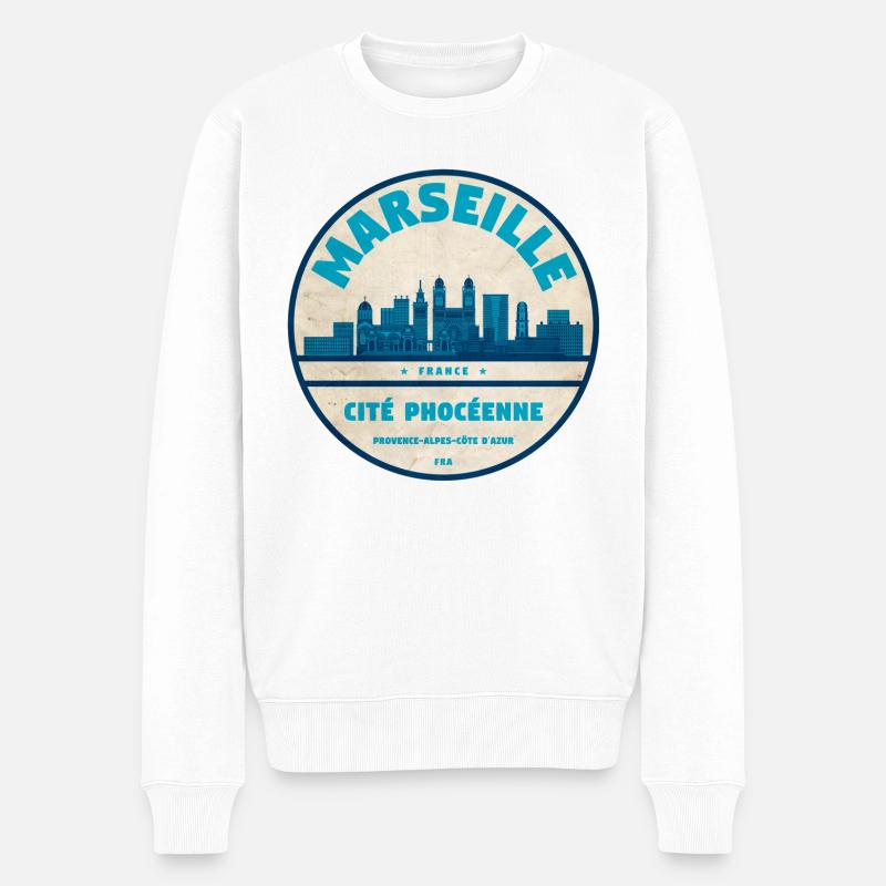 Marseille Skyline Badge - Männer Premium Bio Pullover - Weiß