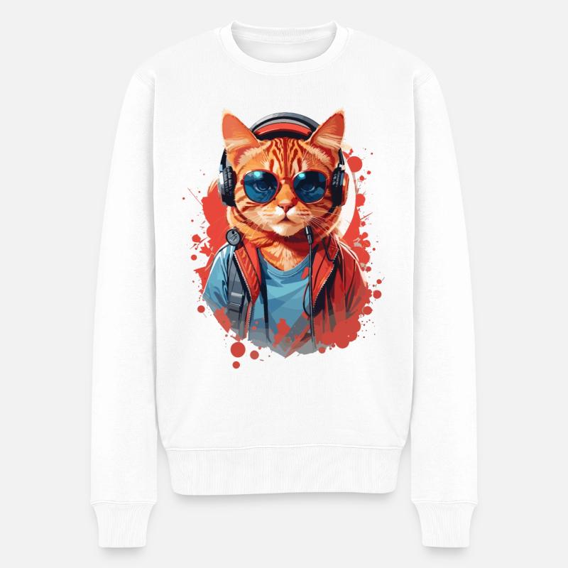 Katze tabby Kopfhörer Sonnenbrille süß niedlich - Männer Premium Bio Pullover - Weiß