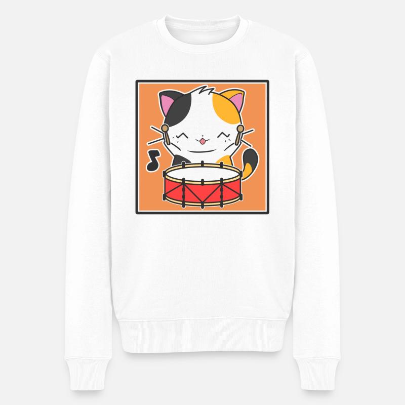 Katze mit Trommel - Männer Premium Bio Pullover - Weiß