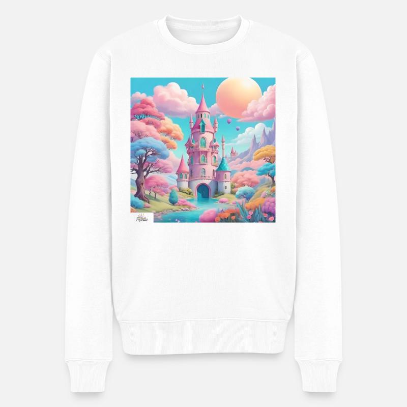 Pastellfarbene Schloss-Traumlandschaft - Männer Premium Bio Pullover - Weiß
