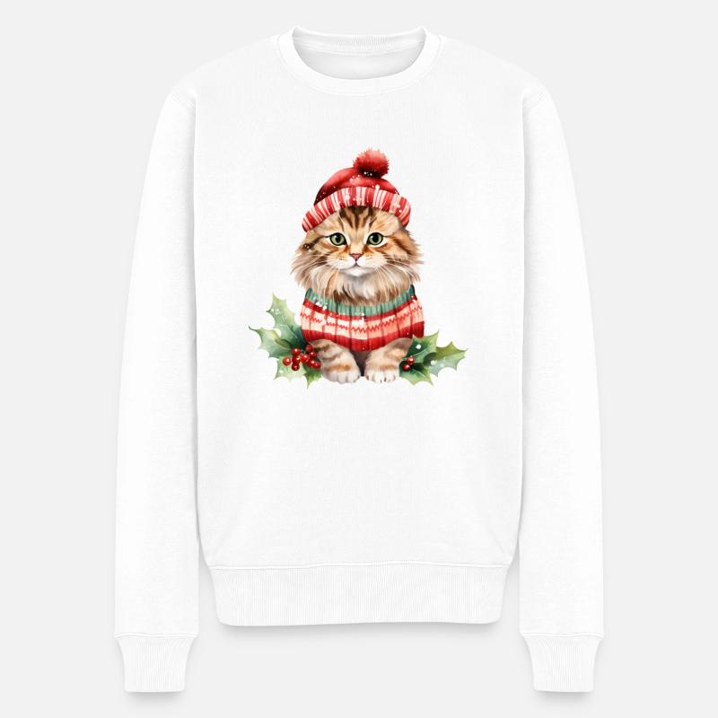 Katze im Weihnachtslook - Männer Premium Bio Pullover - Weiß