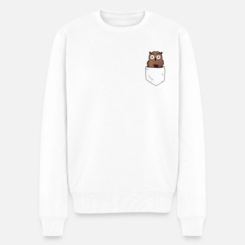 Eule in Tasche mit Kaffee Lustige Tiere - Männer Premium Bio Pullover - Weiß