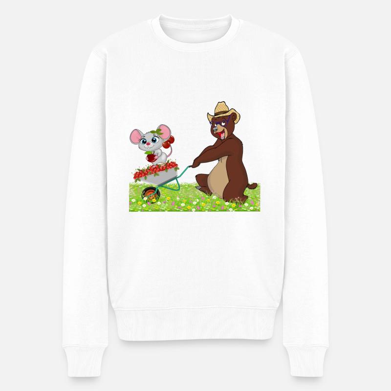 Drôle d’ours avec une souris sur une brouette - Pull Premium bio Homme - blanc