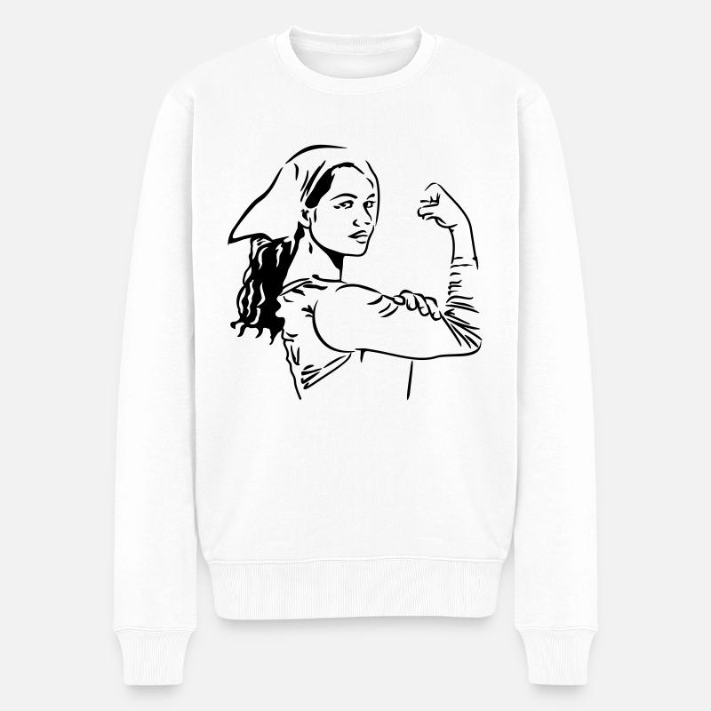 Frau die ihre Muskel Flext (DDP, Starke Frauen) - Männer Premium Bio Pullover - Weiß