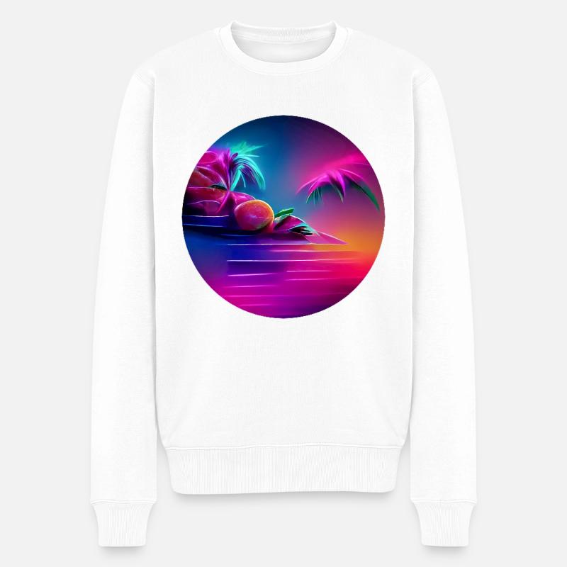 Illustration synthwave avec des silhouettes de palmiers - Pull Premium bio Homme - blanc