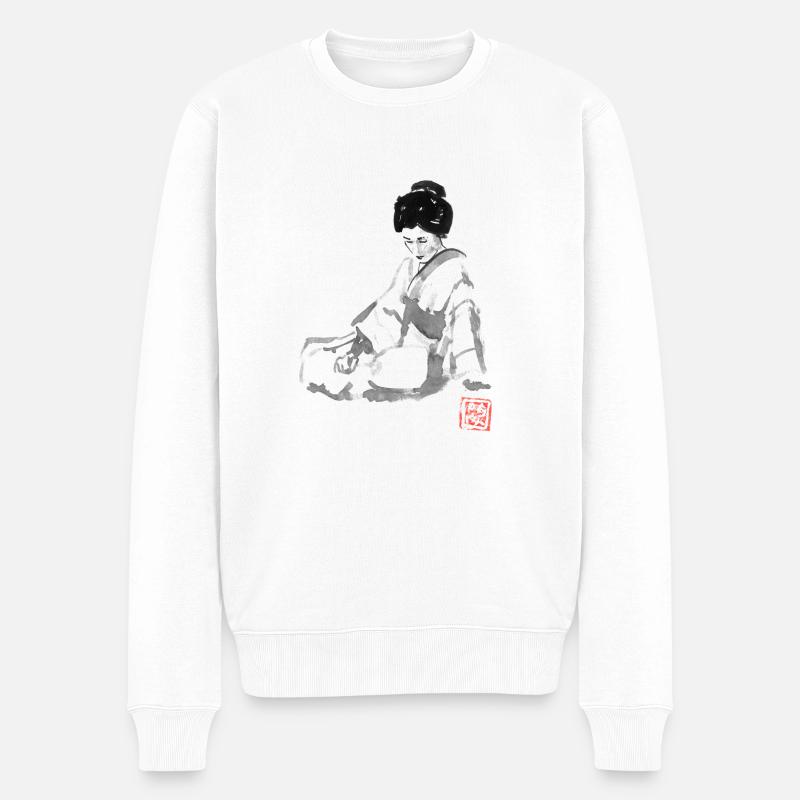 Geisha und Fan - Männer Premium Bio Pullover - Weiß