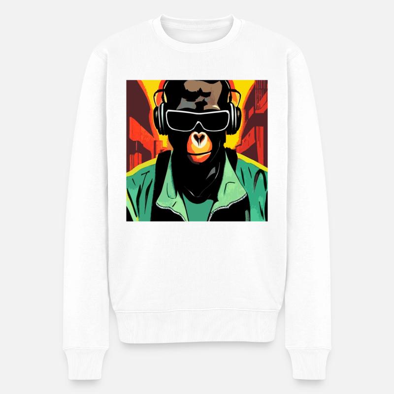 Affe hört Musik mit Kopfhörern - Männer Premium Bio Pullover - Weiß