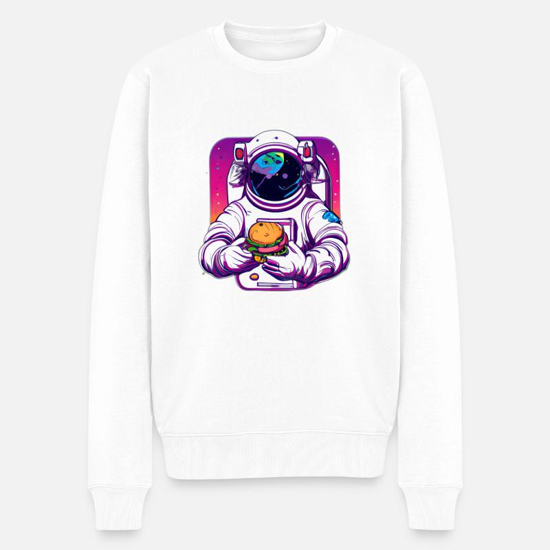 Funky Astronaut im Weltraum mit Hamburger - Männer Premium Bio Pullover - Weiß