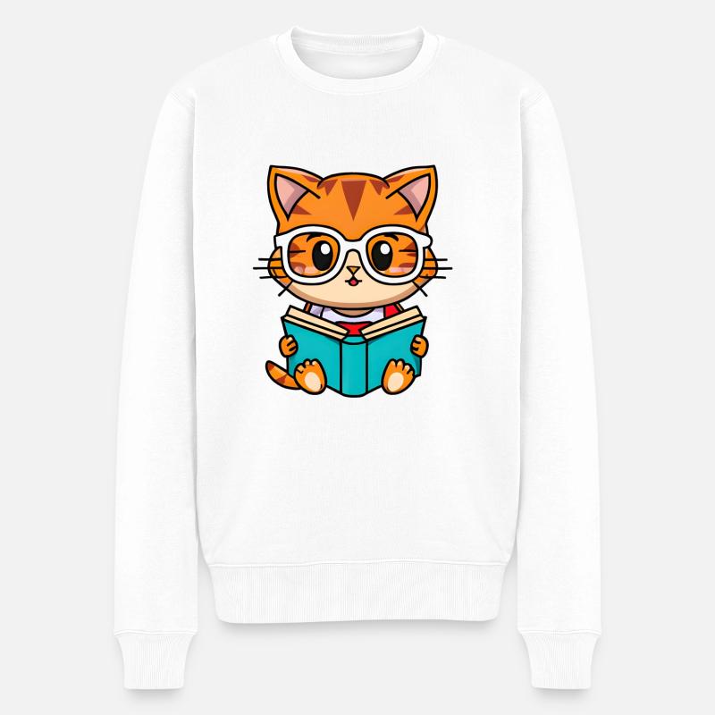 Le chat Kawaii lit la littérature du chat - Pull Premium bio Homme - blanc