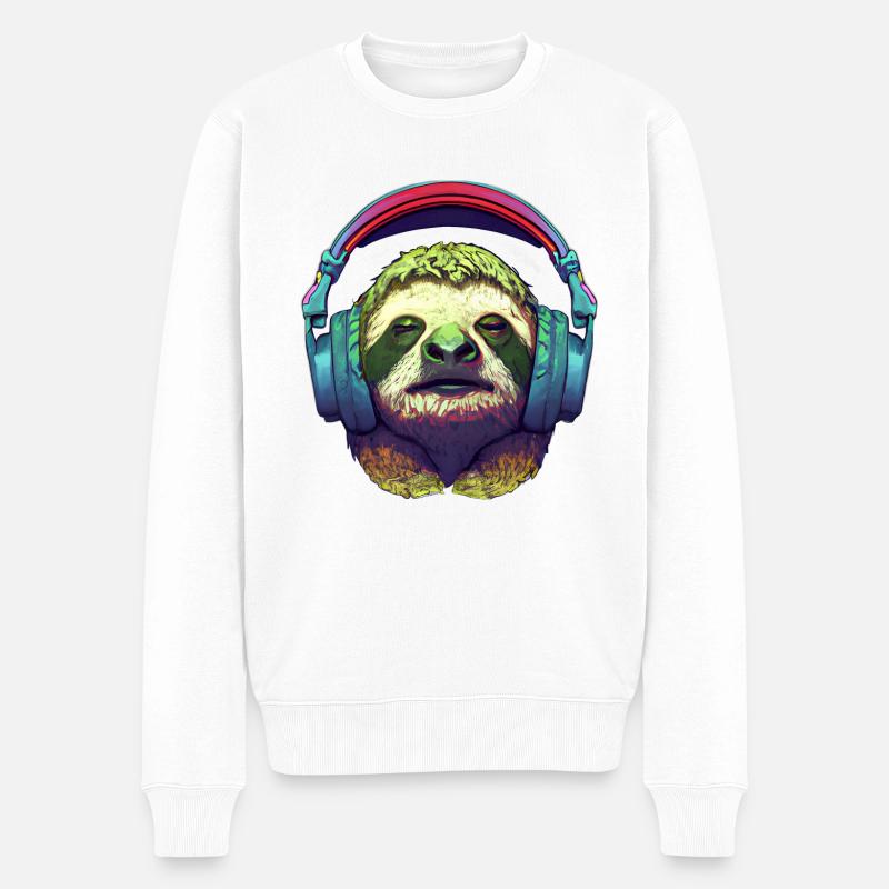 Cooles Faultier mit Kopfhörern hört Musik - Männer Premium Bio Pullover - Weiß