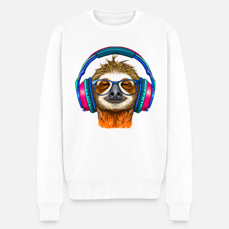 Cooles Faultier mit Kopfhörern hört Musik - Männer Premium Bio Pullover - Weiß