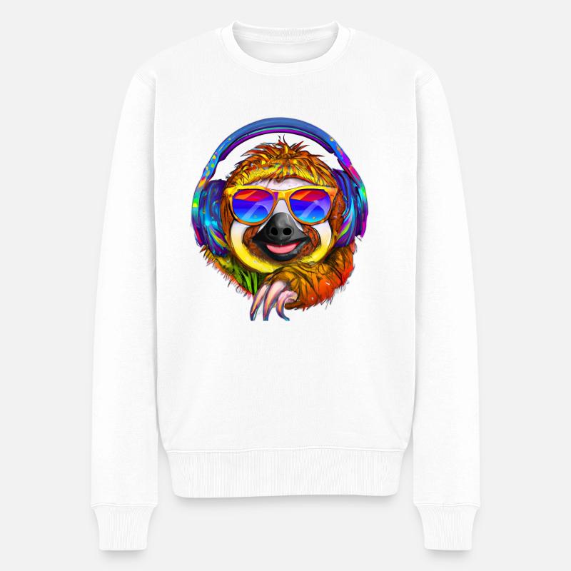 Cooles Faultier mit Kopfhörern hört Musik - Männer Premium Bio Pullover - Weiß